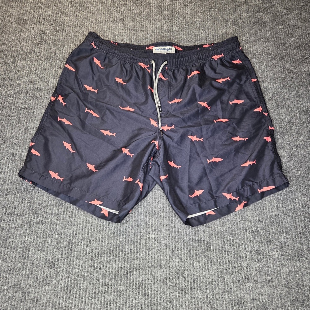 Maamgic Swim Trunks Mens XXL Navy Blue Pink Shark Print Mesh Lined Beachwear